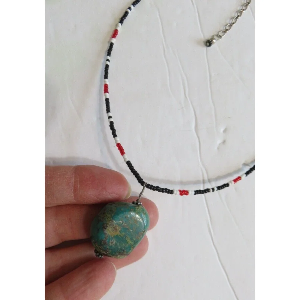 Vintage Southwestern Chunky Turquoise Pendant Coral Onyx Seed Bead‎ 18